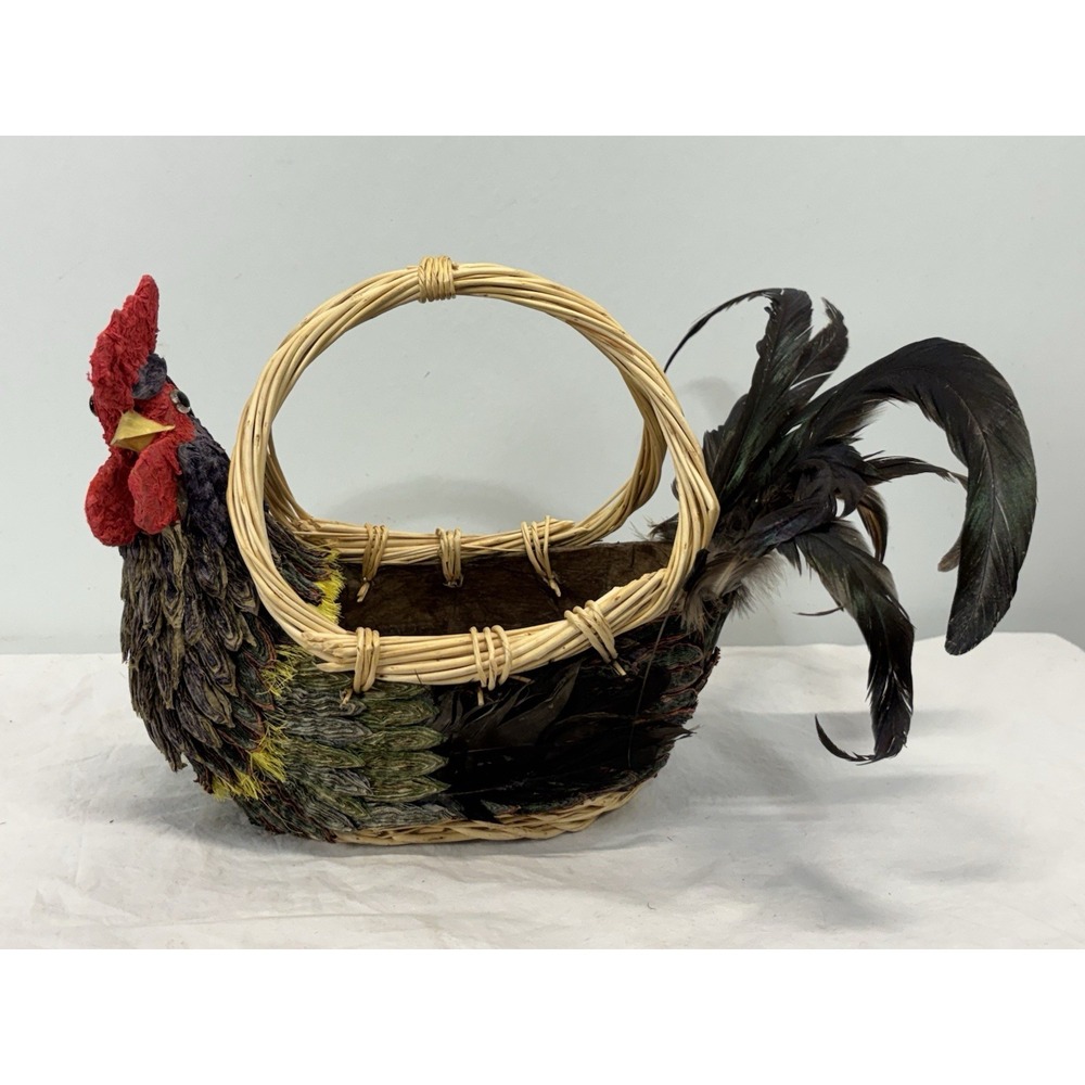 Vtg Farm House Core Chicken Basket Mixed Media Feathers Wood Papermache HTF